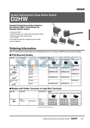 D2HW-BL223ML datasheet - Sealed Subminiature Snap Action Switch