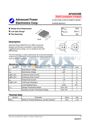 AP4953GM datasheet - P-CHANNEL ENHANCEMENT MODE POWER MOSFET