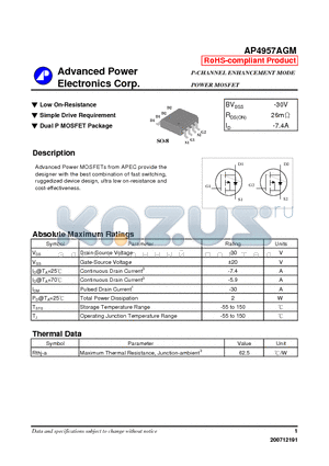 AP4957AGM datasheet - Low On-Resistance, Simple Drive Requirement