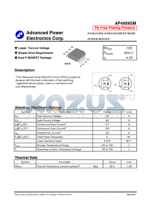 AP4959GM datasheet - P-CHANNEL ENHANCEMENT MODE POWER MOSFET