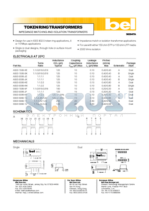 A553-5006-JE datasheet - TOKENRINGTRANSFORMERS IMPEDANCE MATCHING AND ISOLATION TRANSFORMERS