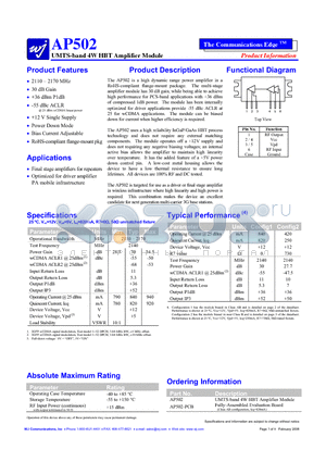 AP502 datasheet - UMTS-band 4W HBT Amplifier Module