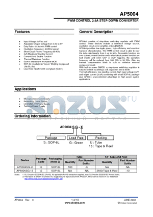 AP5004SG-13 datasheet - PWM CONTROL 2.5A STEP-DOWN CONVERTER