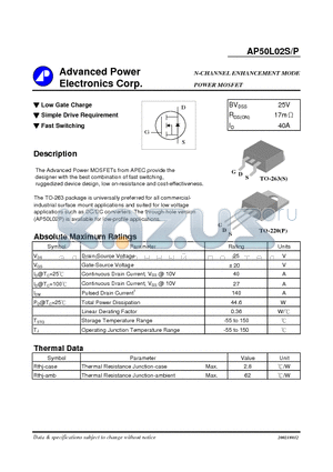 AP50L02P datasheet - N-CHANNEL ENHANCEMENT MODE POWER MOSFET