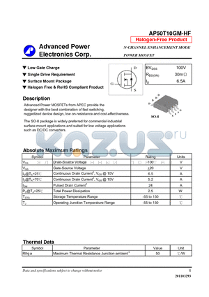 AP50T10GM-HF datasheet - N-CHANNEL ENHANCEMENT MODE POWER MOSFET