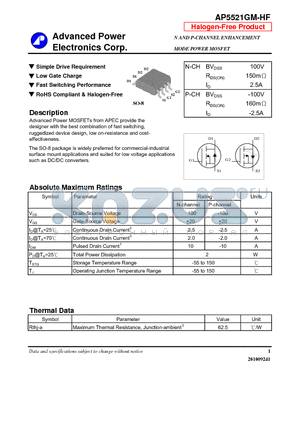AP5521GM-HF datasheet - N-CHANNEL ENHANCEMENT MODE POWER MOSFET