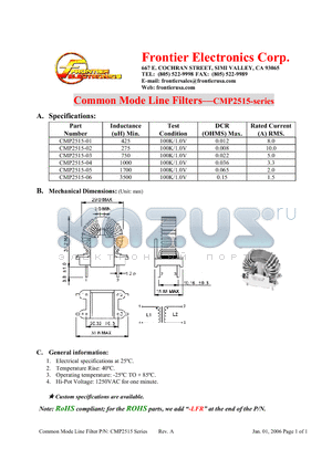 CMP2515-05 datasheet - Common Mode Line Filters