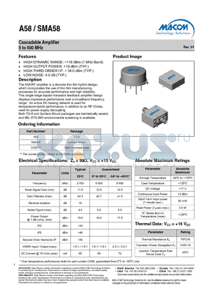 A58 datasheet - Cascadable Amplifier 5 to 500 MHz