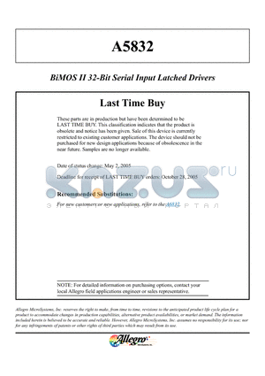 A5832 datasheet - BiMOS II 32-BIT SERIAL-INPUT, LATCHED DRIVERS