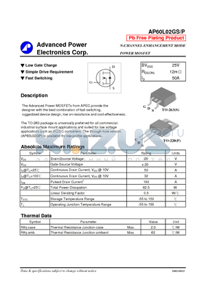 AP60L02GP datasheet - N-CHANNEL ENHANCEMENT MODE POWER MOSFET