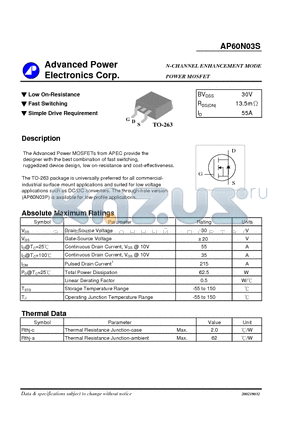 AP60N03S datasheet - N-CHANNEL ENHANCEMENT MODE POWER MOSFET