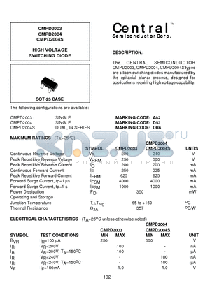 CMPD2004 datasheet - HIGH VOLTAGE SWITCHING DIODE