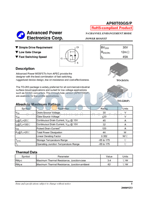 AP60T03GP datasheet - Simple Drive Requirement, Low Gate Charge
