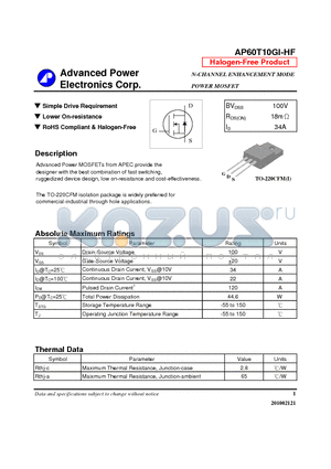 AP60T10GI-HF datasheet - N-CHANNEL ENHANCEMENT MODE POWER MOSFET