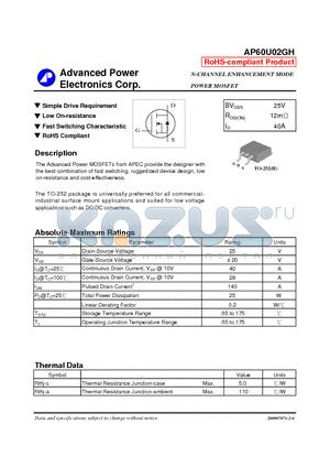 AP60U02GH datasheet - Simple Drive Requirement, Low On-resistance