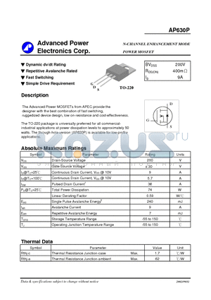 AP630P datasheet - N-CHANNEL ENHANCEMENT MODE POWER MOSFET