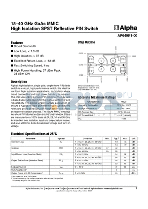 AP640R1-00 datasheet - 18-40 GHz GaAs MMIC High Isolation SPST Reflective PIN Switch
