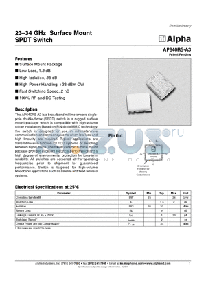 AP640R5-A3 datasheet - 23-34 GHz Surface Mount SPDT Switch