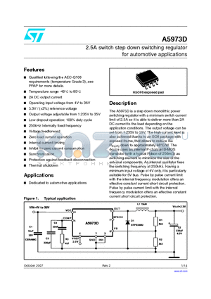 A5973D013TR datasheet - 2.5A switch step down switching regulator for automotive applications