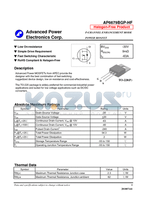 AP6679BGP-HF datasheet - Low On-resistance, Simple Drive Requirement