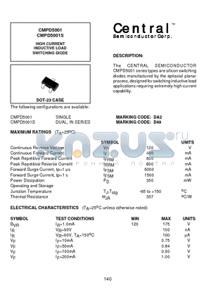 CMPD5001 datasheet - HIGH CURRENT INDUCTIVE LOAD SWITCHING DIODE