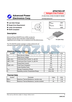 AP6679GI-HF datasheet - Low Gate Charge, Single Drive Requirement