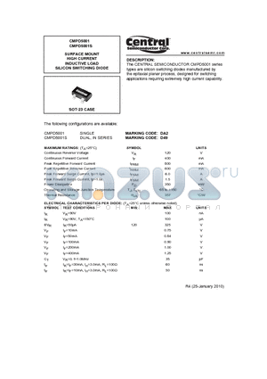 CMPD5001 datasheet - SURFACE MOUNT HIGH CURRENT INDUCTIVE LOAD SILICON SWITCHING DIODE