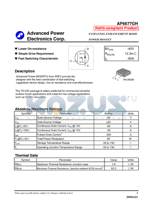 AP6677GH datasheet - Lower On-resistance, Simple Drive Requirement, Fast Switching Characteristic
