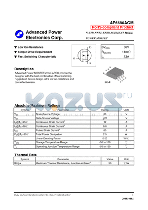 AP6680AGM datasheet - N-CHANNEL ENHANCEMENT MODE POWER MOSFET