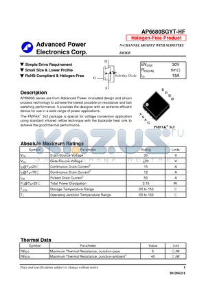 AP6680SGYT-HF datasheet - Simple Drive Requirement, Small Size & Lower Profile