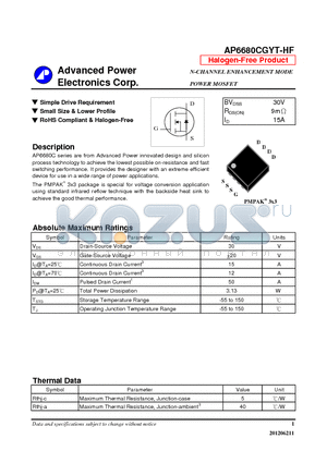 AP6680CGYT-HF datasheet - Simple Drive Requirement, Small Size & Lower Profile