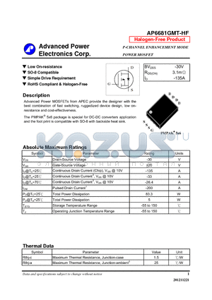 AP6681GMT-HF datasheet - Low On-resistance, SO-8 Compatible