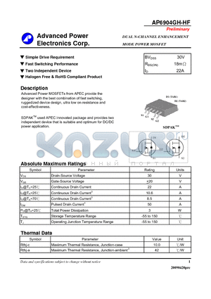 AP6904GH-HF datasheet - Simple Drive Requirement, Two Independent Device