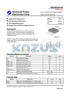 AP6906GH-HF datasheet - Simple Drive Requirement, Fast Switching Performance