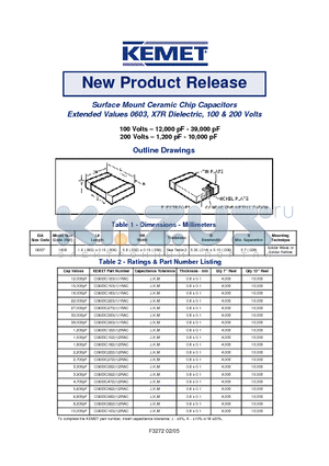 C0603C12311RAC datasheet - Surface Mount Ceramic Chip Capacitors Extended Values 0603, X7R Dielectric, 100 & 200 Volts