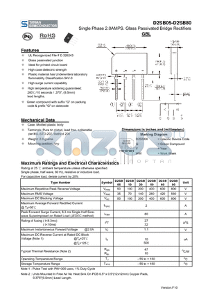 D2SB20 datasheet - Single Phase 2.0AMPS. Glass Passivated Bridge Rectifiers