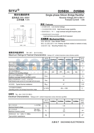 D2SB40 datasheet - Single-phase Silicon Bridge Rectifier Reverse Voltage 200 to 800 V Forward Current 1.5A