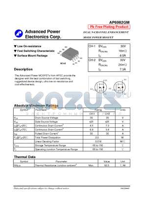 AP6982GM datasheet - Low On-resistance, Fast Switching Characteristic