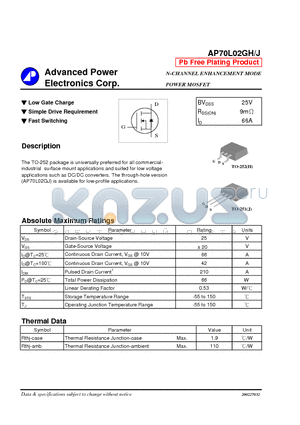 AP70L02GH datasheet - Low Gate Charge, Simple Drive Requirement