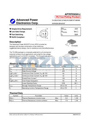 AP70T03GH datasheet - N-CHANNEL ENHANCEMENT MODE POWER MOSFET