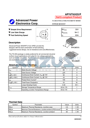 AP70T03GS datasheet - Simple Drive Requirement, Low Gate Charge