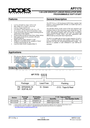 AP7173-FNG-13 datasheet - 1.5A LOW DROPOUT LINEAR REGULATOR WITH PROGRAMMABLE SOFT-START