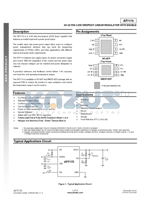 AP7175 datasheet - The AP7175 is a 3.0A ultra low-dropout (LDO) linear regulator that features an enable input and a power-good output.
