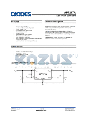 AP7217A datasheet - 3.3V 600mA CMOS LDO