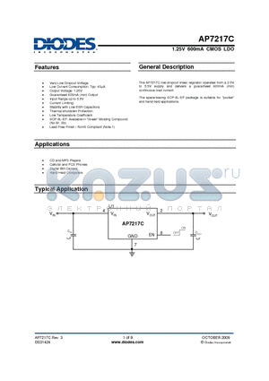 AP7217C-13SPG-13 datasheet - 1.25V 600mA CMOS LDO