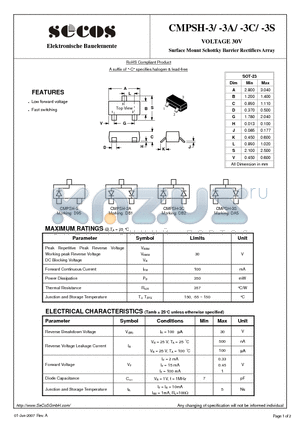 CMPSH-3S datasheet - Surface Mount Schottky Barrier Rectifiers Array