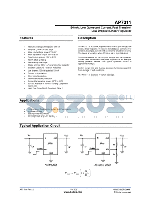 AP7311 datasheet - 150mA, Low Quiescent Current, Fast Transient Low Dropout Linear Regulator