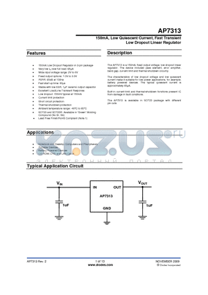AP7313 datasheet - 150mA, Low Quiescent Current, Fast Transient Low Dropout Linear Regulator