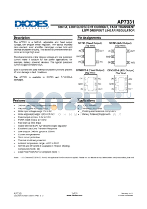 AP7331 datasheet - 300mA, LOW QUIESCENT CURRENT, FAST TRANSIENT LOW DROPOUT