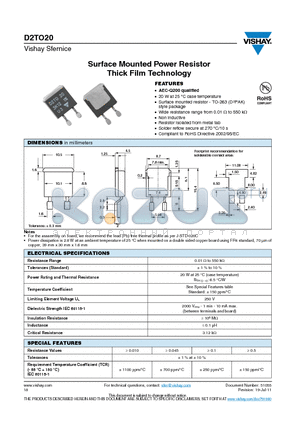 D2TO020CR2000KRE3 datasheet - Surface Mounted Power Resistor Thick Film Technology